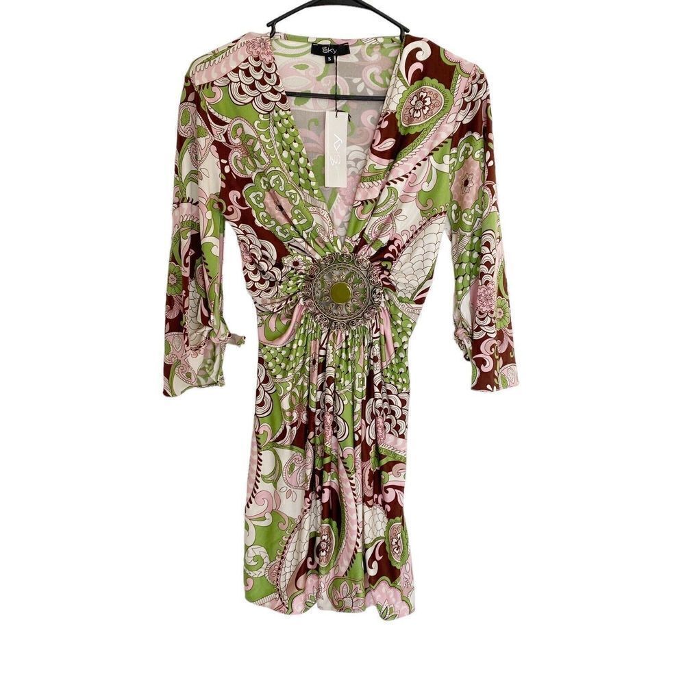 NWT  SKY Brand 100% Silk Dress Peacock Print & Crystal Brooch Size S Green Pink